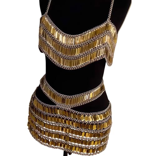Camiseta sin mangas con diamantes minifalda plateada y cadena de bikinis