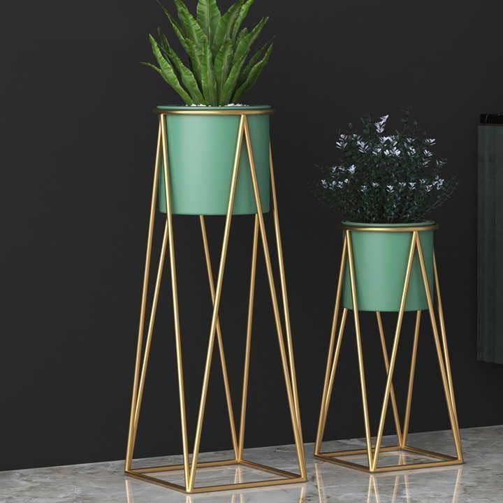 Image of Brass Industry Iron Metal Indoor Out Door Bedroom Home Office Planter Pot Tall Stand with Planter for Living Room, Balcony Flower Pot Stand Set of 2 (Green)