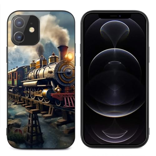 CRIVOTA for iPhone 12 Mini Case - All-New Steam Trains Design, Glass Back + TPU Inner Shell, Bare-Hand Feel, Extreme Slimness, Military-Grade Dual Protection, Cell Phone Cases for Men Women