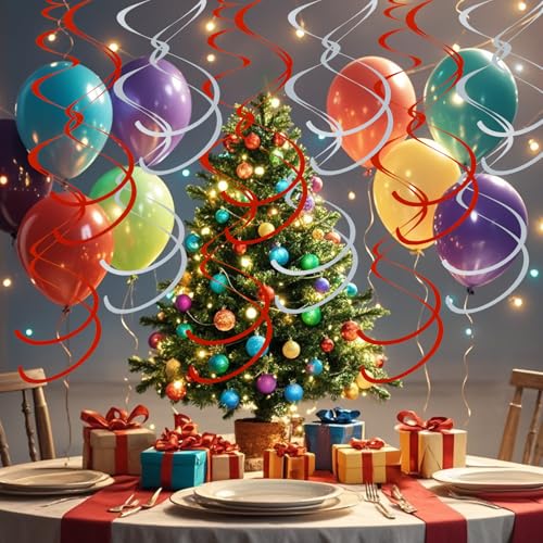 Image of Colorful Ceiling Swirl Foil Decorations Hanging Plastic Streamer Themed Swirl Party for Christmas Graduation Celebration, Pack of 28 (Red and Sliver)