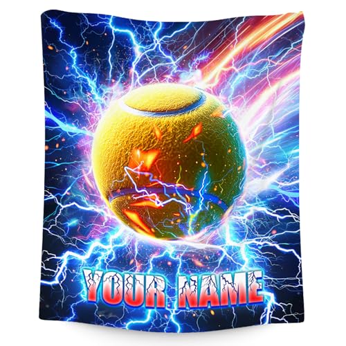 Kids Blanket for Boys Personalized Tennis Gifts wiht Name - Custom Fleece Throw with Lightning Design (4 Sizes Choose)