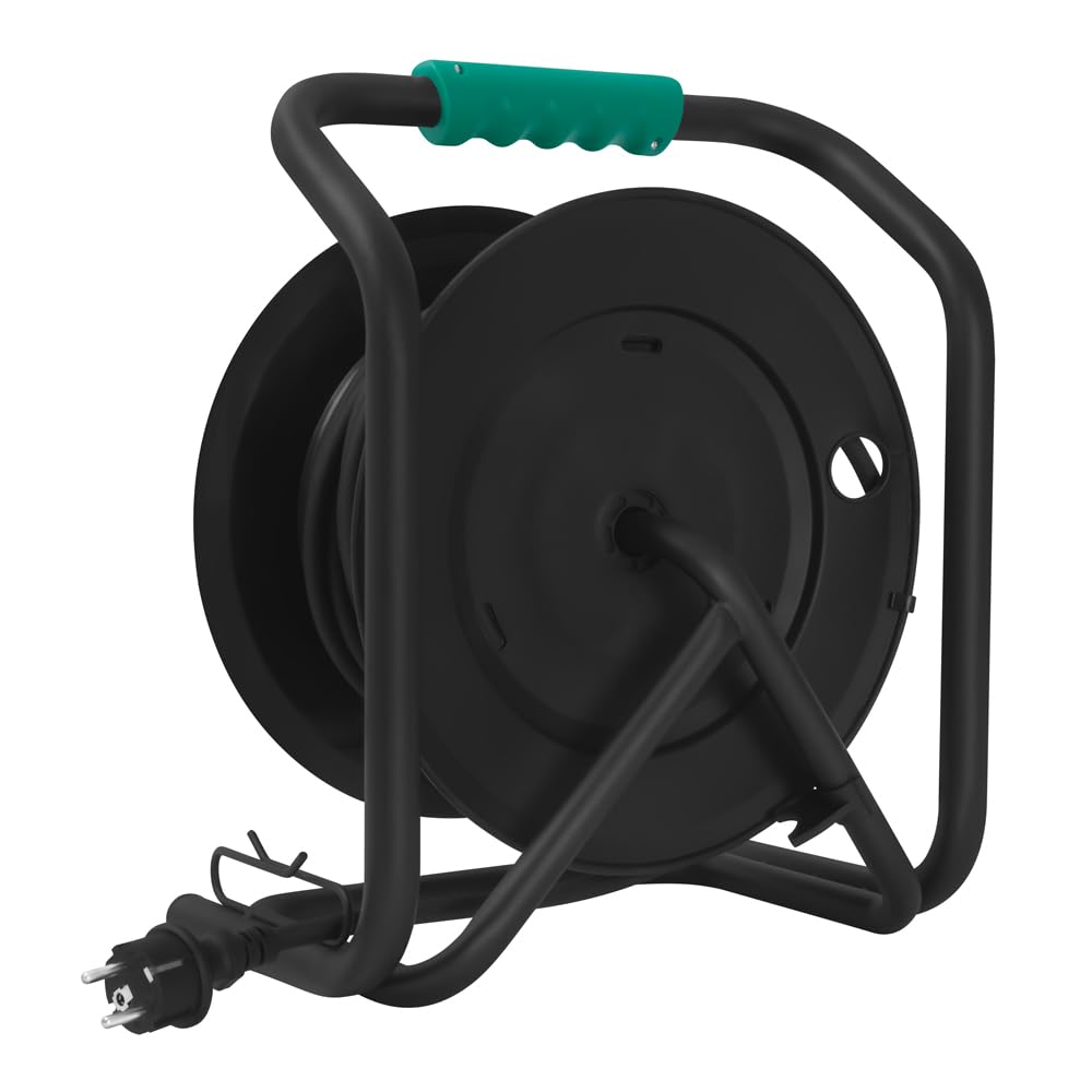 VONROC PRO Enrouleur de câble 25 m – IP44 – Câble en néoprène H07RN-F 3x1,5 mm² – 4 prises Schuko avec mise à la terre – 3000 W (déroulé) / 1100 W (enroulé) – Noyau fixe – Protection thermique