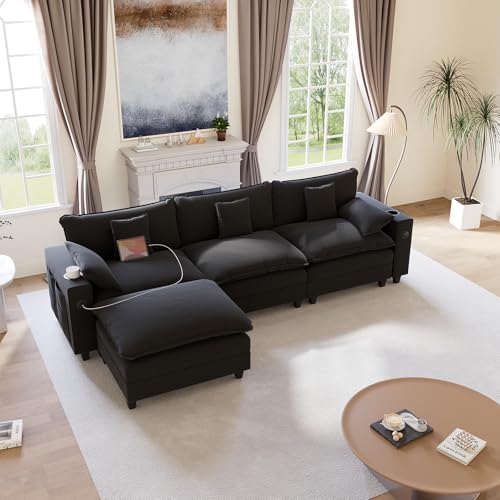 Image of KCGKCG 116 inch Modular Sectional Couch, L Shaped Cloud Sofa with Movable Ottoman, Chenille Deep Seat Cloud Couch with Charging Station, Cup Holder, Side Pocket, Sectional Couches for Living Room, Black