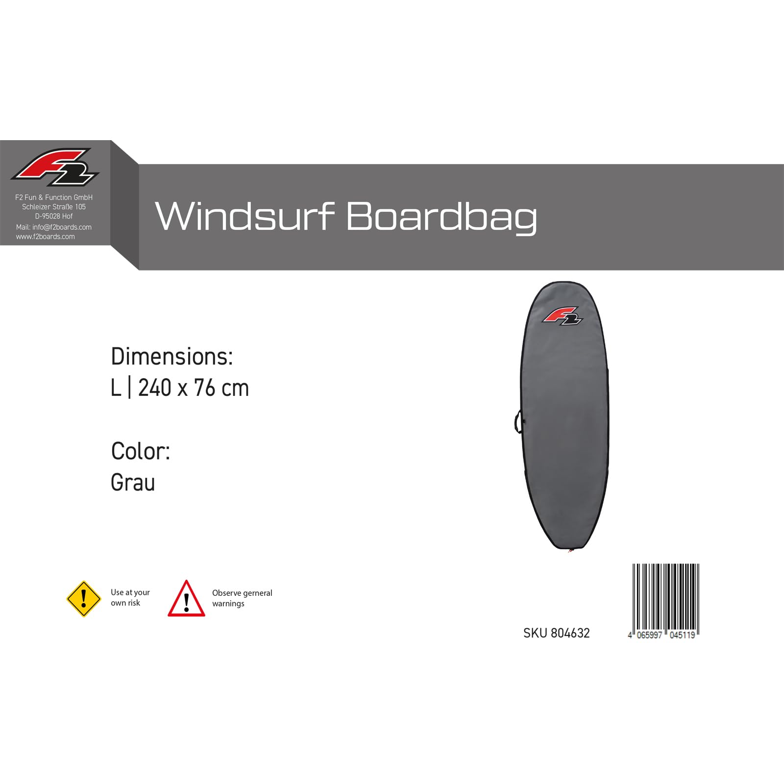 F2 Windsurf Boardbag L 240 x 76 cm Grau 2024/2025
