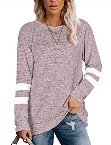 MOLERANI Camisetas Casuales de Manga Larga con Cuello Redondo para Mujer Blusas Sudaderas Tops Tipo túnica con Bolsillo (Grande, Gris Rosa) Cover