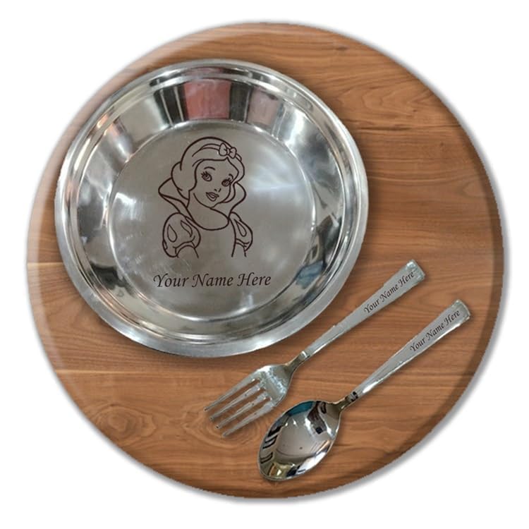 Image of SAVRI Personalized Stainless Steel Round Plate with Spoon & Fork with Name & Design Engraved. for Home Kitchen, Best for Return Gift, Schools (Round)