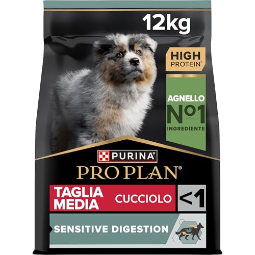 PURINA PRO PLAN Sensitive Digestion Crocchette Cani Puppy Taglia Media con Agnello per Cuccioli fino a 12 Mesi, 1 Confezione da 12 kg