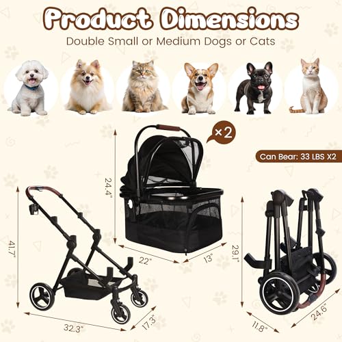 Image of Foldable Double Pet Stroller for 2 Small Medium Cats Dogs | Convertible single /double | Detachable carriers | All-terrain wheels & shock | Safety brakes & tether | Breathable oxford