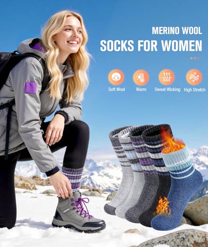 BESTENA 5 Pairs Merino Wool Socks for Women Hiking Socks Thermal Warm Winter Sock Women Crew Cushion Work Boot Outdoor Socks2