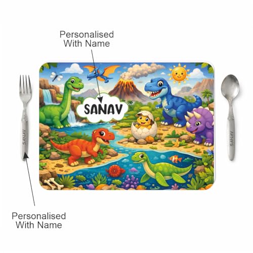 Image of Customized Table Mat with Name & Design Engraving | Personalized Dining Mat with Spoon & Fork | Customized Birthday Gift for Kids (Dino)