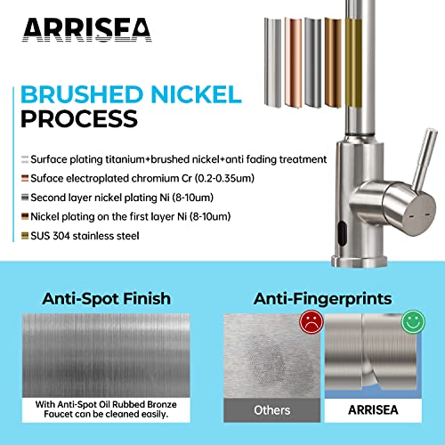 Arrisea Infrared Motion Spring Kitchen Faucet With Pull Down Sprayer, Stanless Steel Brushed Nickel Touchless Activated Single Hanlde High Arc Sink Faucets With Deck Plate-F49T #TOP4