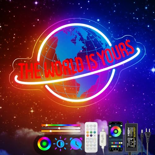 Image of The World Is Yours Neon Sign, 7 RGB Color Planet LED Neon Light Lamp for Wall Decor, Man Cave Home Bar Bistro Club Cafe Wedding Game Room Bedroom Birthday Gift Graduation Party