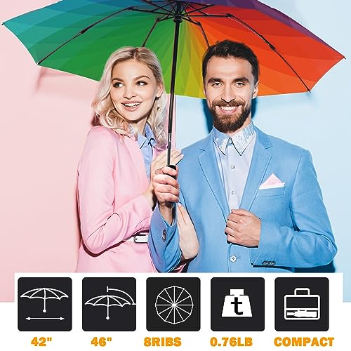 Image of SIEPASA Inverted Umbrella, Large Windproof Compact Umbrellas for Rain & Sun, Compact Reverse Umbrella,Automatic Travel Folding Umbrella for Women Men. (Rainbow colors)
