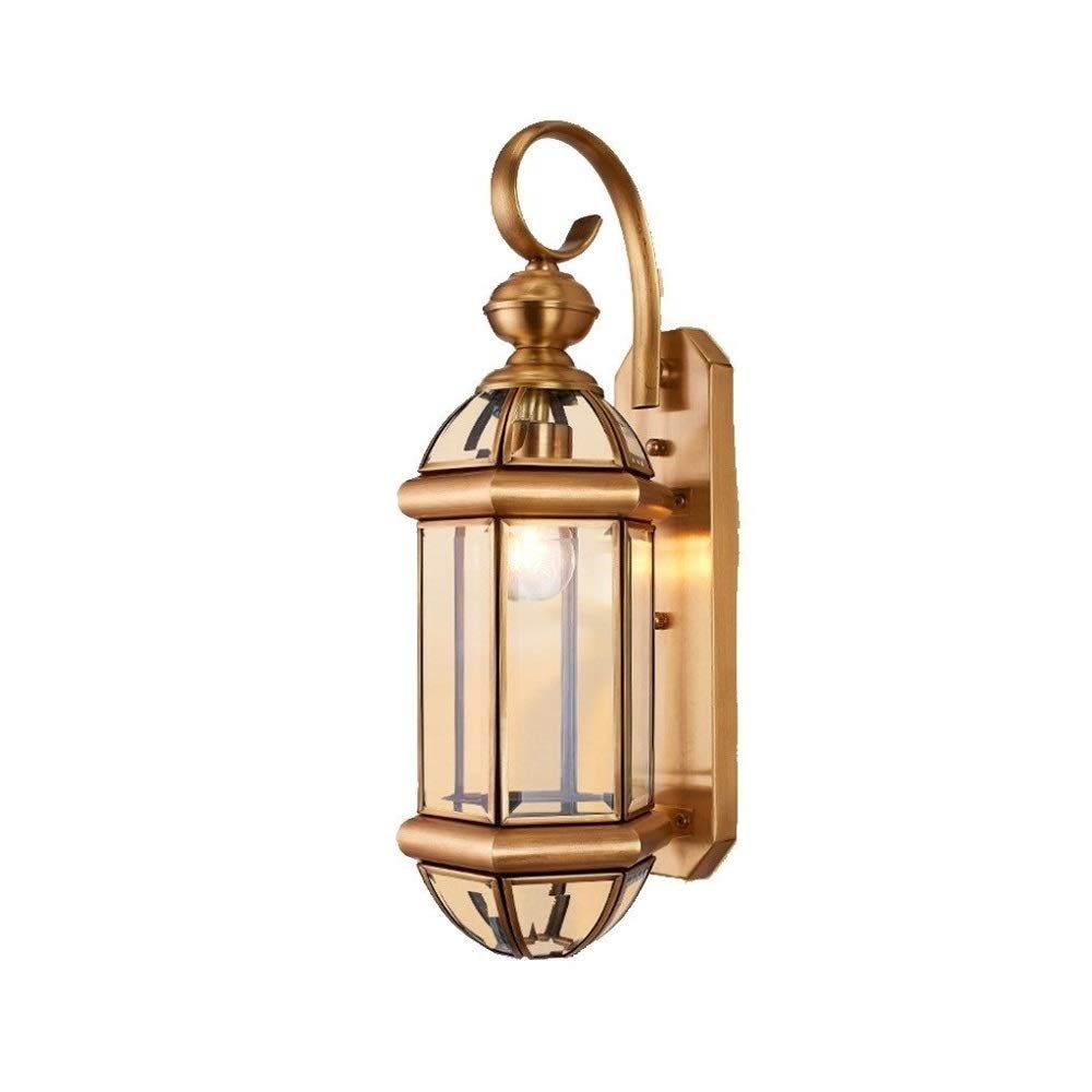 SXSCARKX Outdoor Wall Lamp, LED Lamp Retro European Sconce Waterproof Copper Gold Glass Lantern Chrome Finish Light for Courtyard Walkway Porch Garden Corridor Night Fence E27 Needed