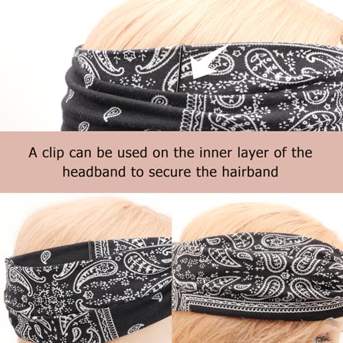 Image of DRESHOW 4 Pack Boho Cotton Non-Slip Headbands for Women Girls Yoga Workout Running Knotted Turban Floral Elastic Head Wrap