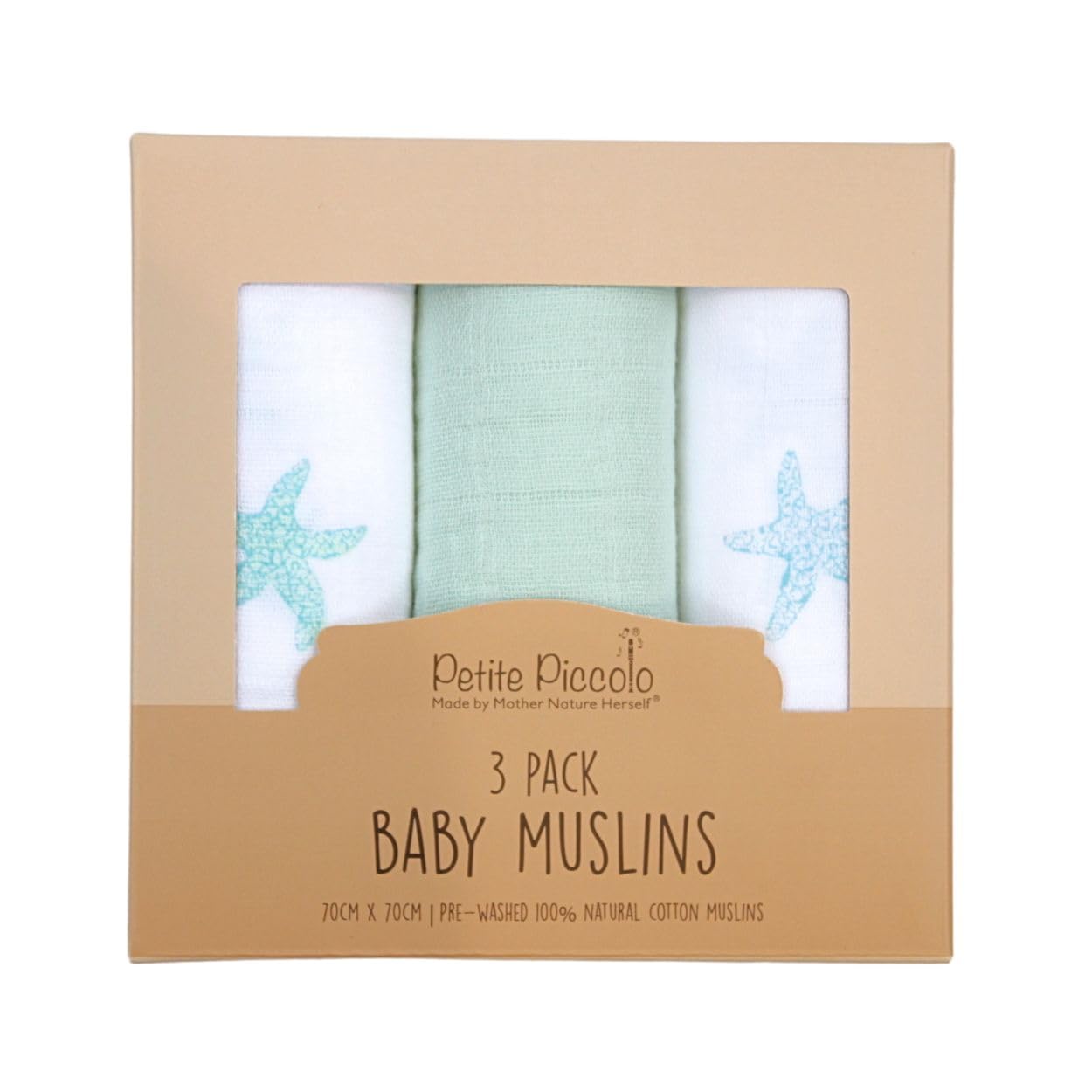Petite Piccolo Baby Muslin Cloths, for Baby Muslin Squares, 100% Cotton, Burp Cloths, Soft and Absorbent, Starfish Design