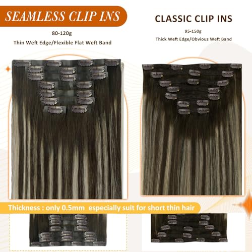 Image of Full Shine Seamless Hair Extensions Clip in 14 Inch Brown Balayage Clip in Hair Extensions Straight Dark Brown Balayage Platinum Blonde Hair Softness 8 Pcs 120g