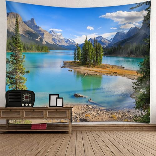 Tapisserie paysage rivière arbres montagnes 256x350cm grande tenture murale tissu