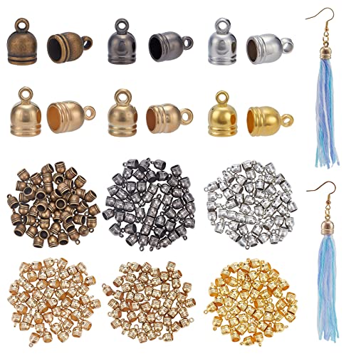 PH PandaHall 300pcs Cord End Cap 6 Style Plastic Tassel Caps Round Glue-in End Caps End Tip with Loop Ring Barrel Loop Kumihimo End Cap for DIY Tassel Earring Choker Bracelet Necklace Bag, 6/6.5mm ID