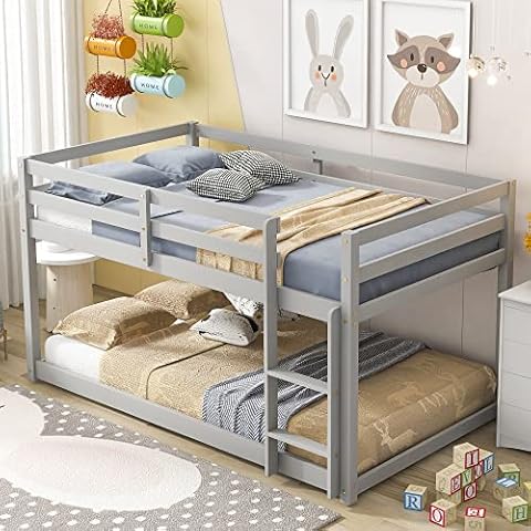 CNANXU Solid Wood Twin Over Twin Bunk Bed w Ladder, Safety Guard Rails, 400LBS Wooden Twin Bunk Beds for Teens/Adults, Low Bed Frame Bedroom Furniture, No Box Spring Required (Gray) Cover