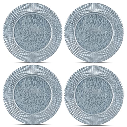 4-piece Ruffled Galvanized Charger Plates, 13-inch Steel Charger Plates Silver Dinner Plate Chargers Round Server Ware