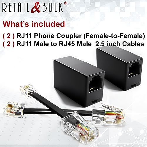 Image of 2-Pack RJ11 to RJ45 Adapter Phone Line to Ethernet - RJ11 Female to RJ45 Male for Landline, Fax, DSL Modem Connection (Black, Made in USA)