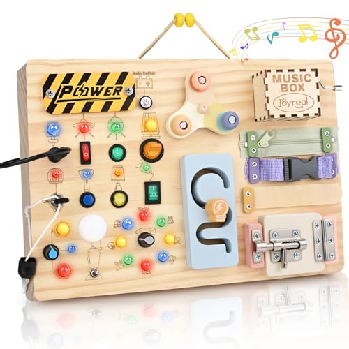 Joyreal Montessori Busy Board, Holz Motorikspielzeug Sensorik Montessori Spielzeug Mit 20 LED Lichtern 19 Motorik, Geschenk für 1 2 3 Jahre Jungen und Mädchen