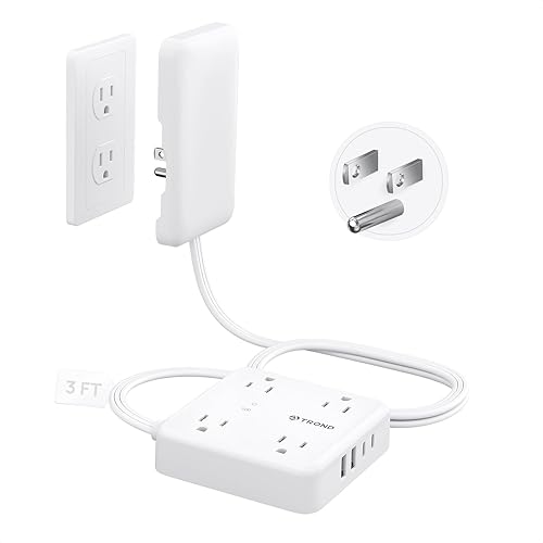 Miniatura 1 de TROND Regleta de alimentación de enchufe plano con cubierta de tomacorriente, cable de extensión de 3 pies con múltiples salidas y 4 puertos USB,