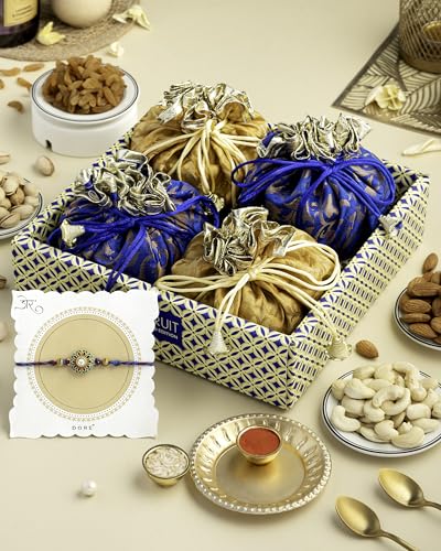 Image of Hyperfoods Rakhi Hamper for Brother Rawfruit's Handcrafted Potli Blue with Thali Roli & Rice Dry Fruits Pack of 4 Almond Cashew Raisins Pistachios 495 Gr Rakhi with DryFruits