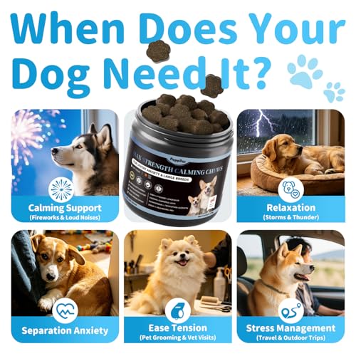 Image of Calming Chews for Dogs - Advanced Calming Treats for Dogs Anxiety | Dog Calming Chews for Stress, Separation & Thunder Support, Non-Drowsy Alternative to Melatonin, Bacon Flavor, 90Ct