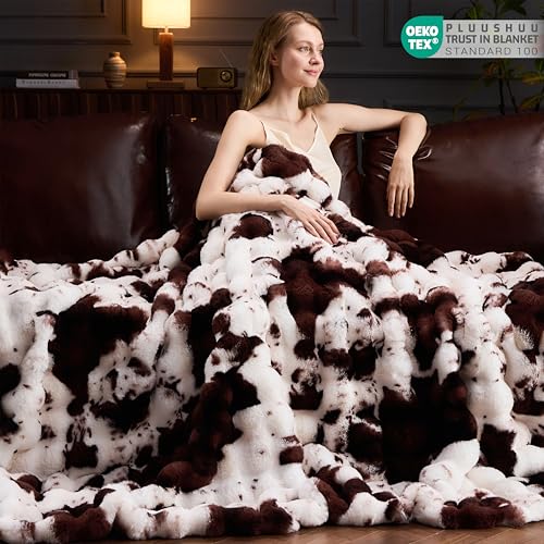 Faux Fur Throw Blanket for Couch, Fluffy Fuzzy Plush Bubble Blanket, Soft Warm Cozy Shaggy Rabbit Blanket, Luxury Decorative Gifts for Sofa Bedroom Living Room, 60x50inch (Cow Print-Brown) - Image 5