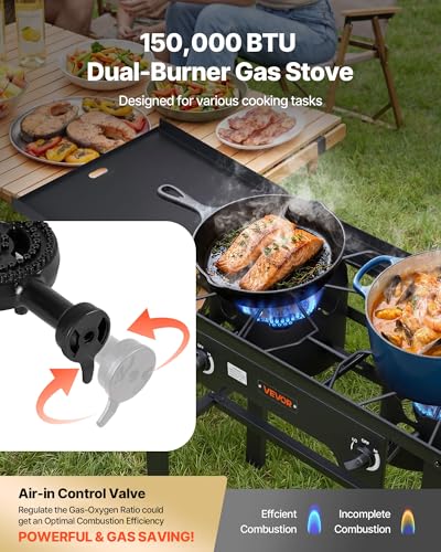 Image of VEVOR 2 Burner Outdoor Propane Gas Stove, 150,000 BTU Propane LPG Gas Camping Stove, Foldable Heavy-duty Carbon Steel Outdoor Cooker, with Wheels & Shield & 20 PSI Regulator, for BBQ Camp Home Patio