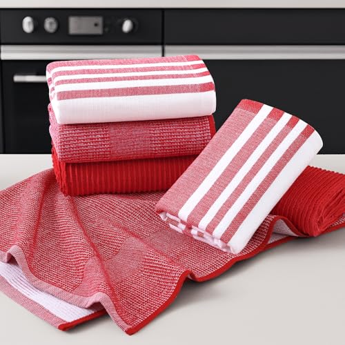 Image of Homaxy Premium Kitchen Towels(18 inchx 28 inch, 3 Pack), Large Cotton 380 GSM Kitchen Hand Towels, Soft and Absorbent Terry Dish Towels, Multipurpose Tea Towel Set with Hanging Loop, Red