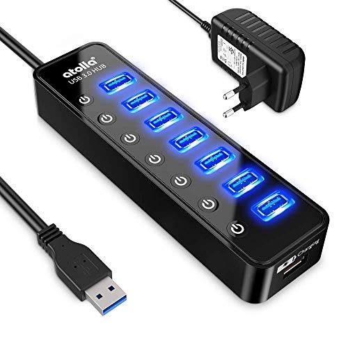 Atolla Hub USB 3.0 7 Ports Multi Hub USB Alimenté avec Interrupteur Indépendant et 5V/4A 20W Adaptateur Alimentation