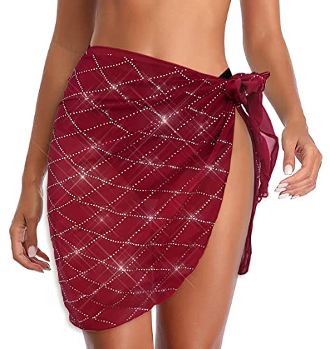 VINICUNCA Damen Cover Ups Strand Badeanzug Sarongs halbtransparent Coverups für Badeanzüge Rock Chiffon, A-strass-gitter-weinrot, X-Large Mehr Cover