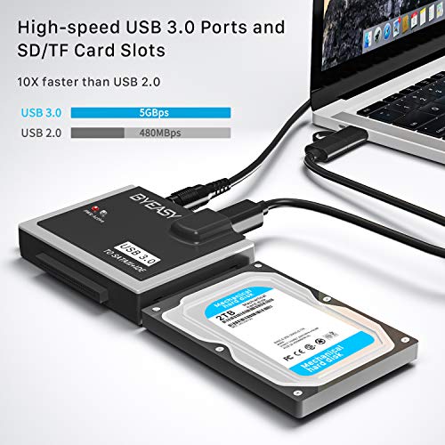 BYEASY SATA/IDE to USB 3.0 Adapter, USB-A and USB-C Plugs Hard Drive Adapter for Universal 2.5"/3.5" Inch IDE and SATA External HDD/SSD with 12V 2A Adapter, Support 12TB for Windows and Mac OS HD02 - Thumbnail 2