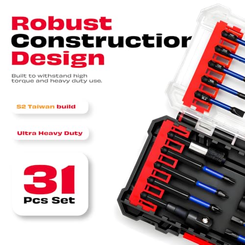 Image of JPT 31-Piece Impact Driver Bit Set | S2 Taiwan Steel Impact Rated Bits with Phillips, Torx, Hex & Nut Driver | Includes Bit Holder & Socket Adapter | For Drill & Impact Driver | Ultra Heavy Duty