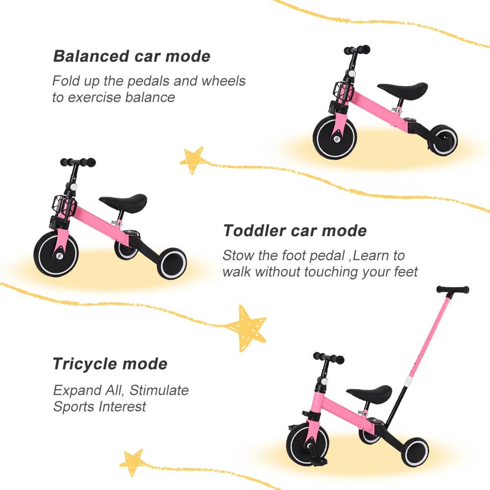 Tricycle Enfant avec pousseur - Extérieur - Roues silencieuses Tricycle Bébé Évolutif Poussette Vélo, Tricycle Enfant(Rouge/Blanc/Rose/Jaune/Bleu)