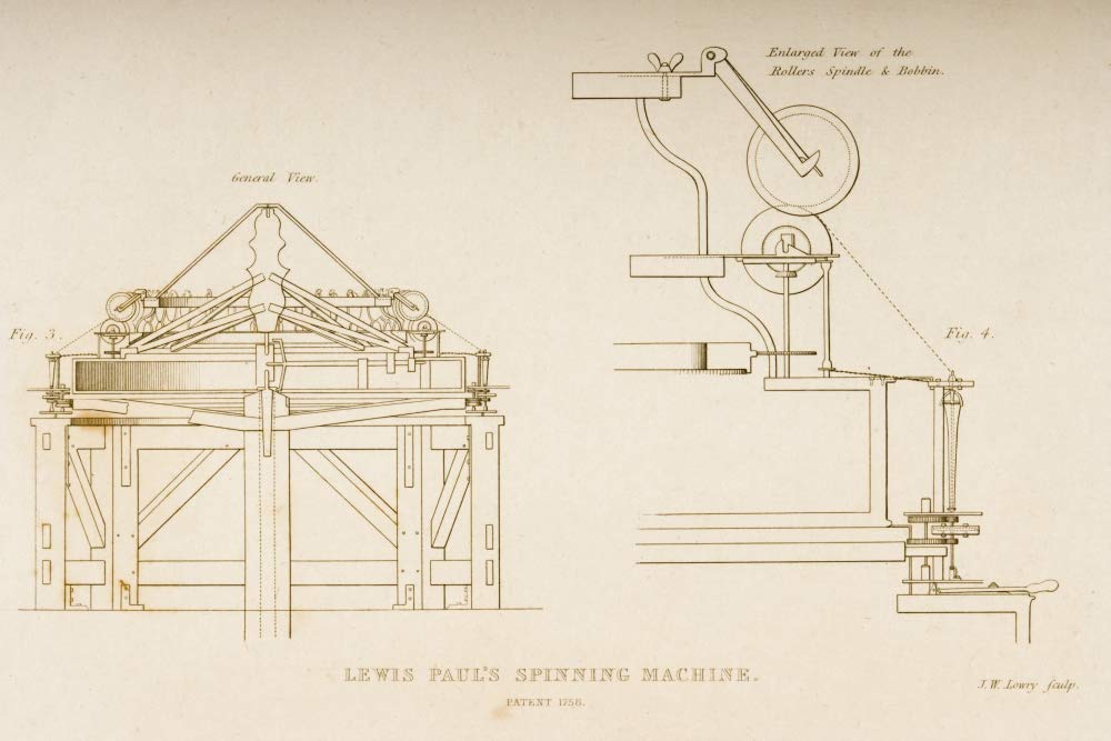 Dibujos de la máquina giratoria de Lewis Paul patentada 1758. Grabado por J.W. Lowry en 1830 por Ken Welsh/Design Pics (34 x 22)