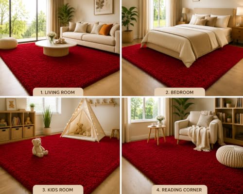 Image of Shaggy Carpet 3x5 Ft for Living Room & Bedroom (Red)