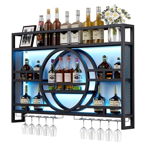 3-Tiers 39in Wine Rack Wall Mounted with Upgarded LED, Floating Bar Shelves with Wine Glass Holder Hanging Industrial Liquor Shelf, Wall-Mounted Wine Racks Cabinets for Home Bar, No Assembly Required