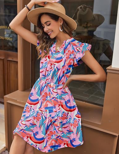 Image of HOTOUCH Women Printed Dress for Summer Short Ruffle Sleeve Dress Tiered Mini Dress with Pockets