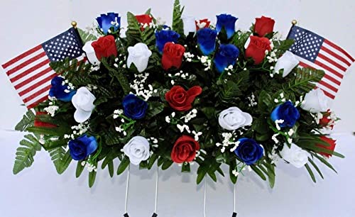 Patriotic Cemetery Headstone Saddle Flowers In Red White And Blue Roses With Flags #TOP1