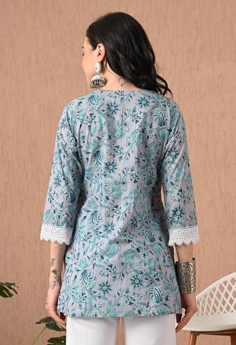 Image of Amazon Brand - Tavasya Women Floral Printed Trendy Short Kurti | Embroidered Ethnic Wear | Regular Fit | Tunic Shirt