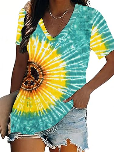Women Hippie Shirt 60s 70s Peace Love Graphic Tie Dye V-Neck Tshirt Vintage Hippie Style Tee Tops