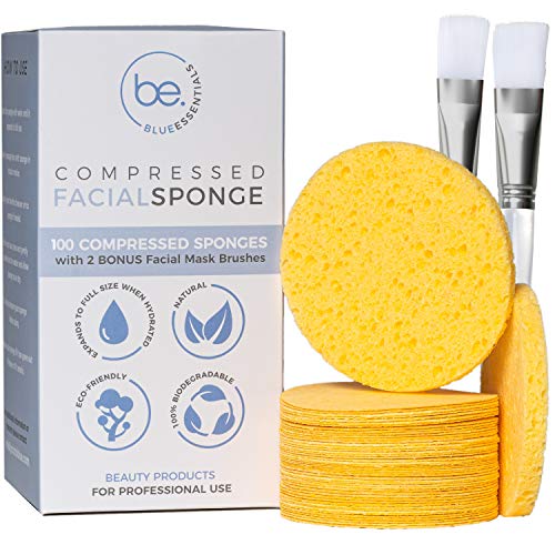 Blue Essentials Compressed Facial Sponges (100 Count Pack)-100% Natural Cellulose and Reusable Cosmetic Spa Sponge|+2 BONUS Mask Brushes- For Full Makeup Removal and Exfoliating