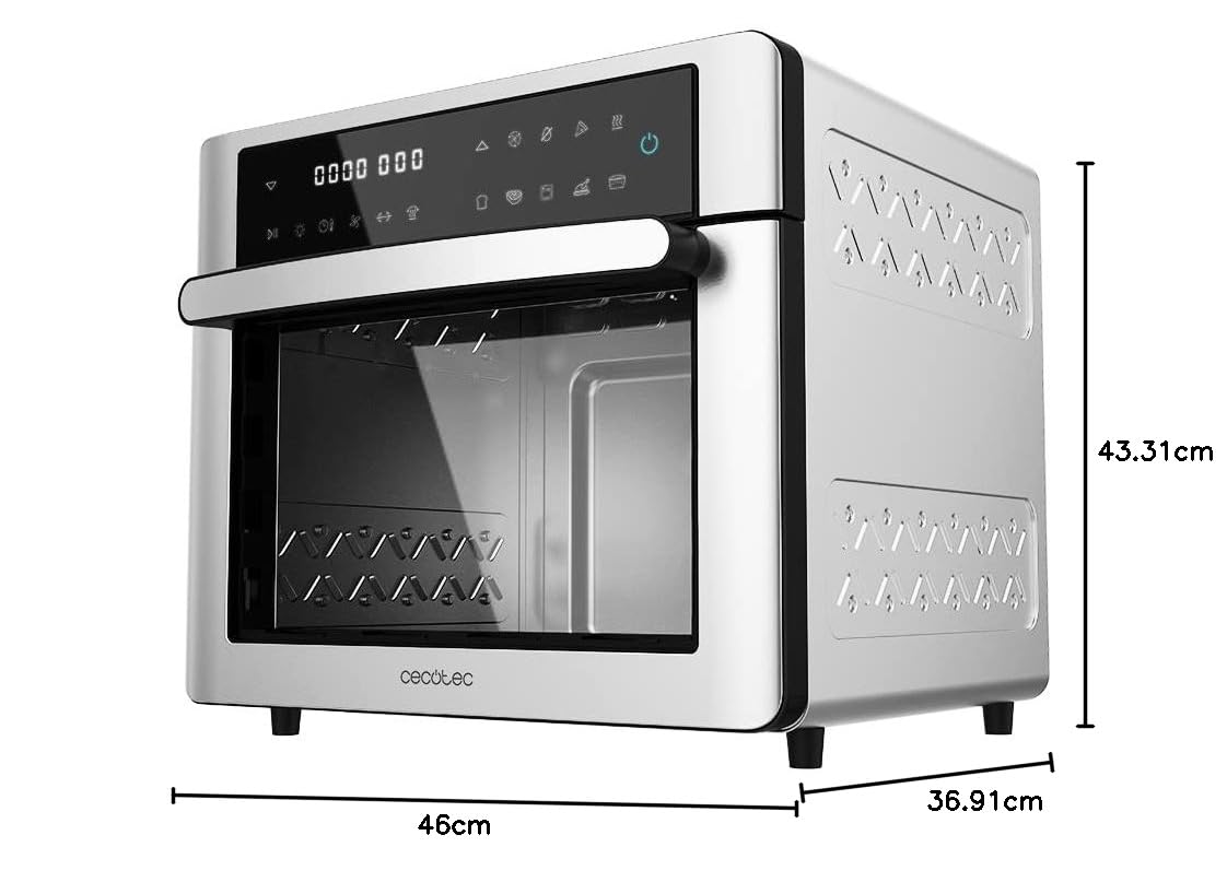 Cecotec Horno Freidora de Aire Caliente Bake&Fry 3000 Touch Steel. 1600 W, 30 Litros, Convección, Pantalla Táctil, 9 Funciones, Temperatura y Altura Regulable, Acero Inoxidable