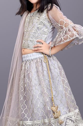 Image of Girl's Princess Lehenga Choli Set - Soft Net, Ribbon Embroidery With Duppata, Readymade