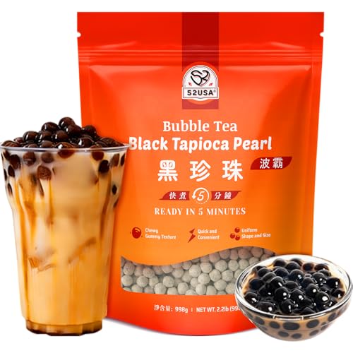 52USA Boba Tapioca Pearls 2.2LB, Fresh Bubble Tea Pearl, Quick Cook Black Plearls for Milk Tea, Smoothies, Desserts and Drinks-Ready in 5 Minutes