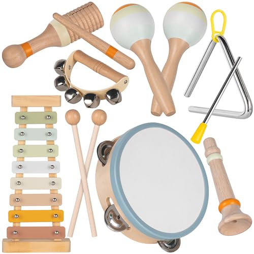 Set Musical Joy Stoie’s en Bois pour Enfants 1-9 Ans : Xylophone, Tambourin, grelot, Triangle, Maracas. Jouet Montessori, Sons Nets, Sac Coton, Couleurs...